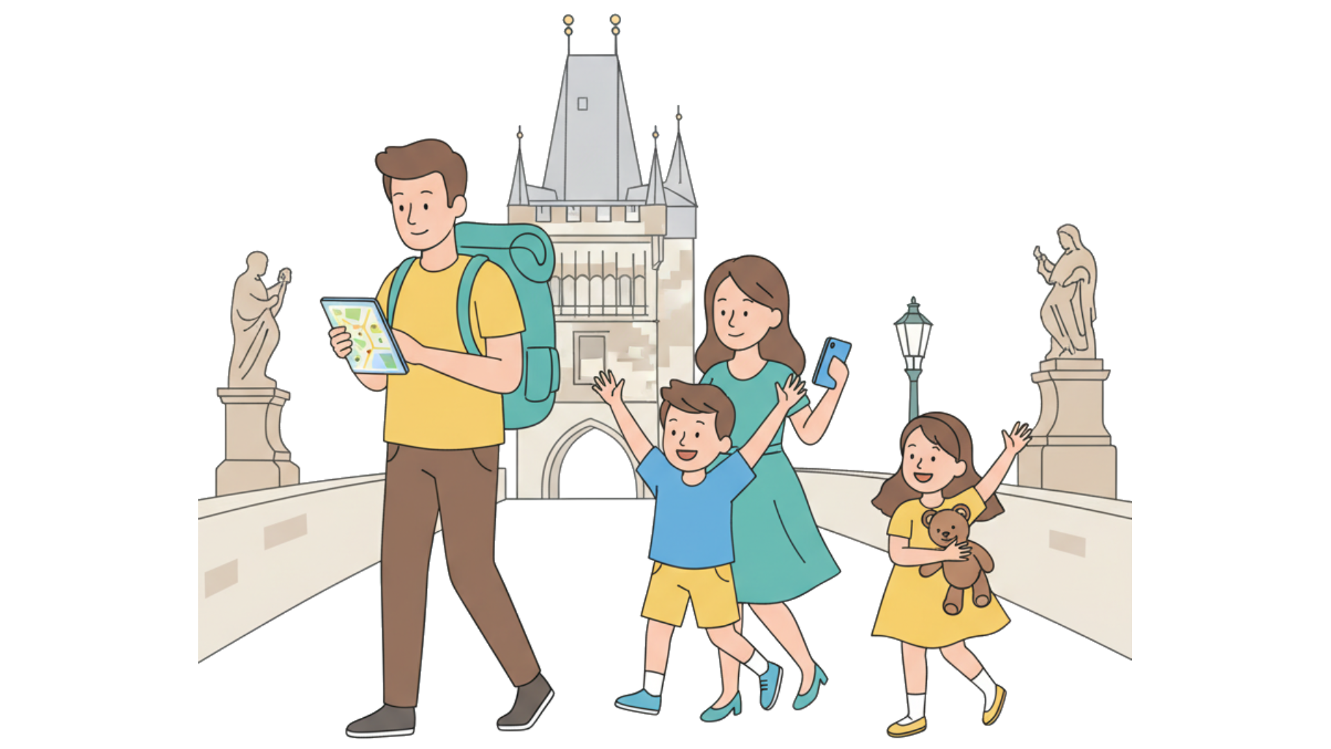 Happy family using smartphones with eSIM while traveling in Europe