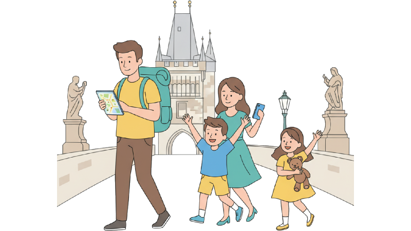 Happy family using smartphones with eSIM while traveling in Europe
