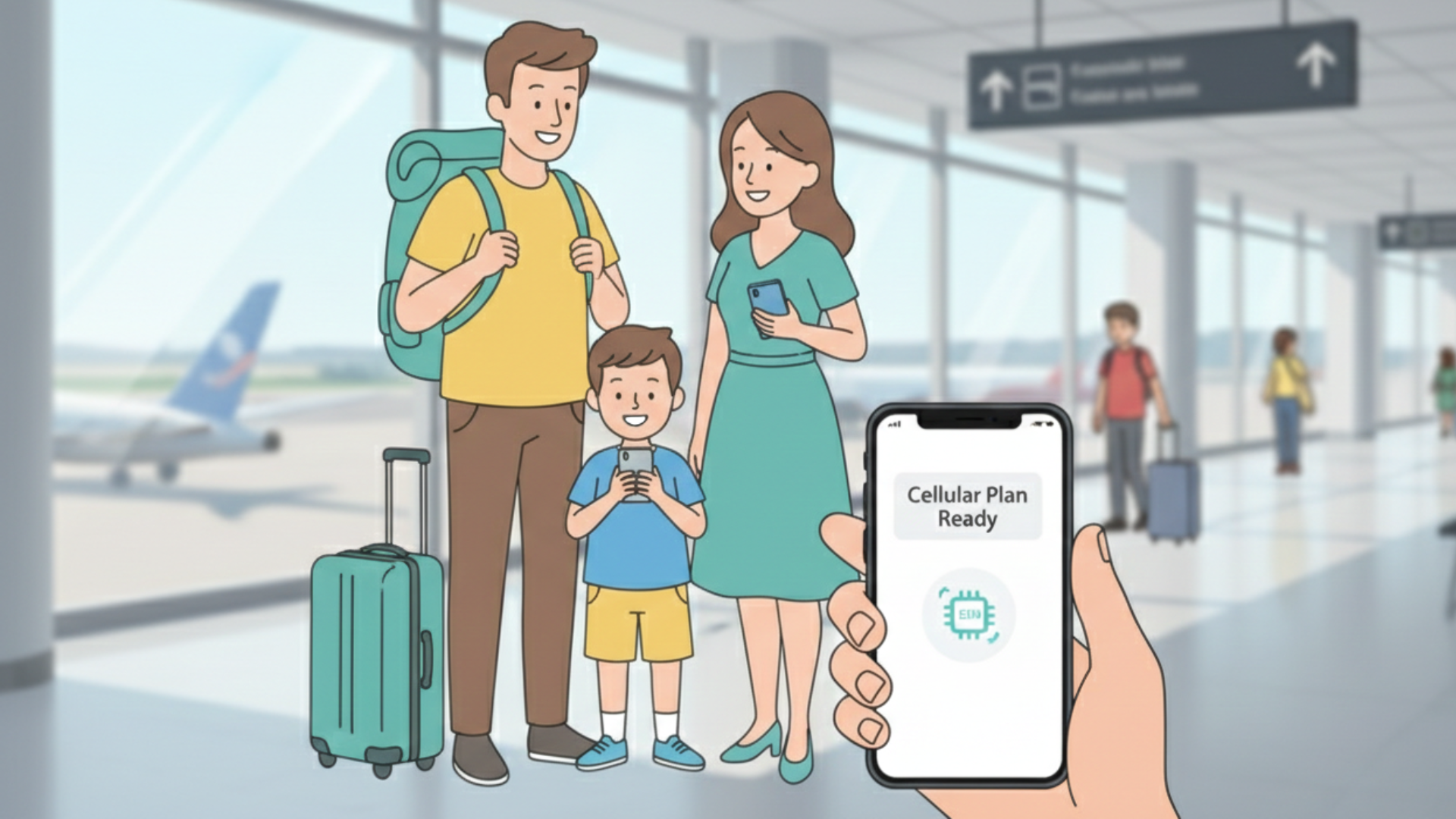 Family successfully setting up eSIMs together before traveling