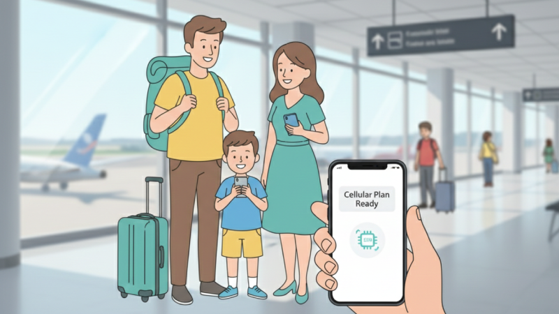 Family successfully setting up eSIMs together before traveling