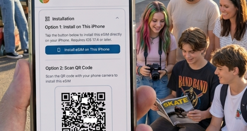 Person scanning a QR code to install an eSIM on their smartphone