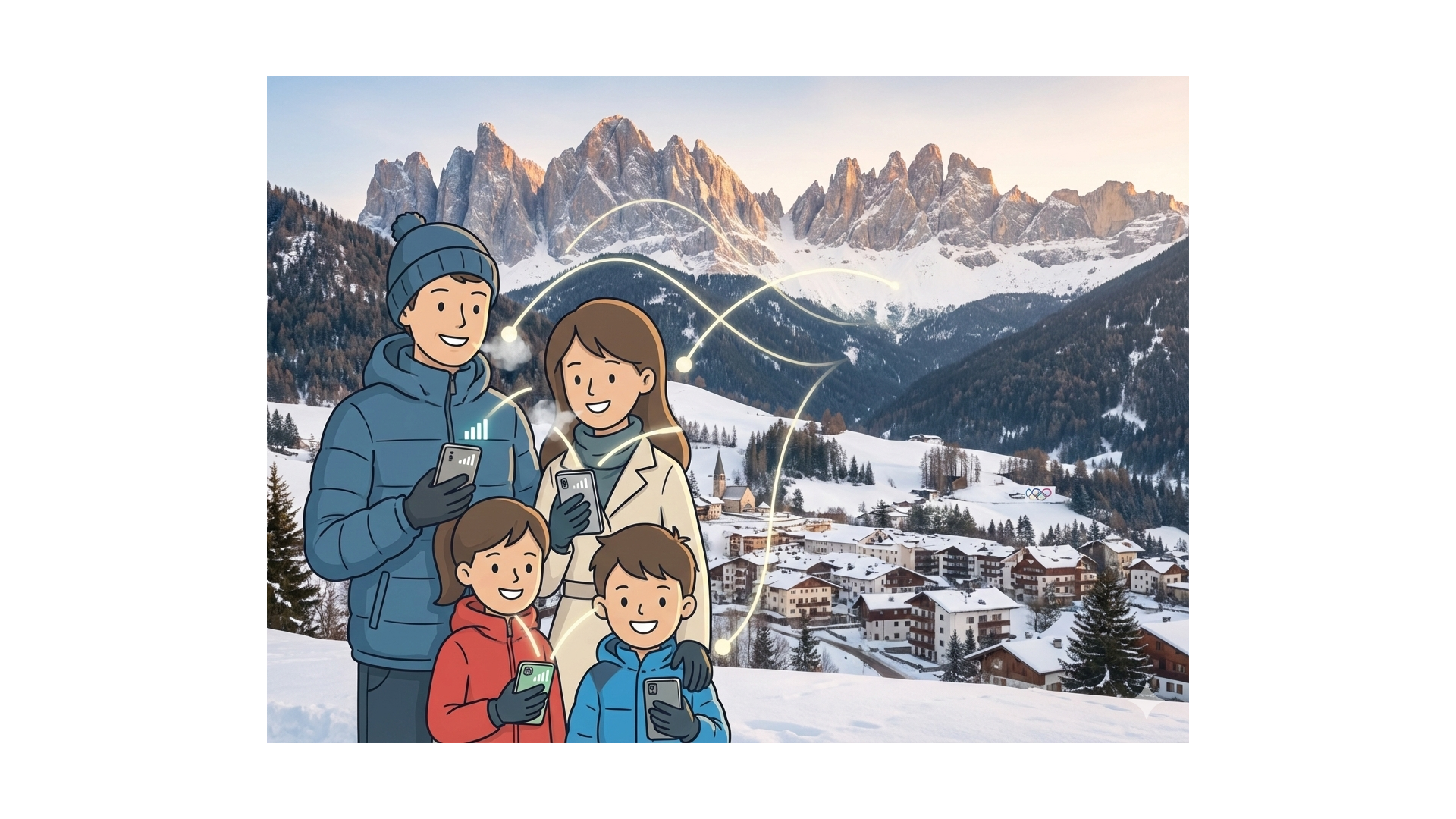 Family using smartphones for navigation and photos while traveling through Europe