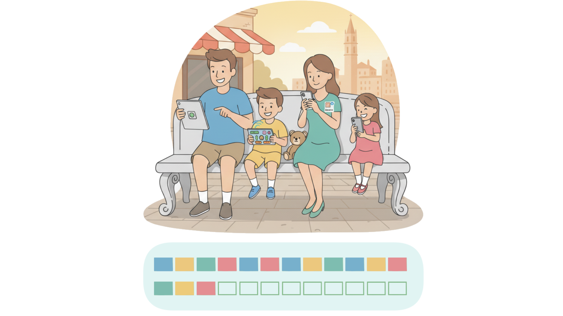 Family managing mobile data on tablets and smartphones during travel