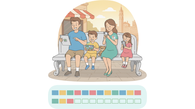 Family managing mobile data on tablets and smartphones during travel