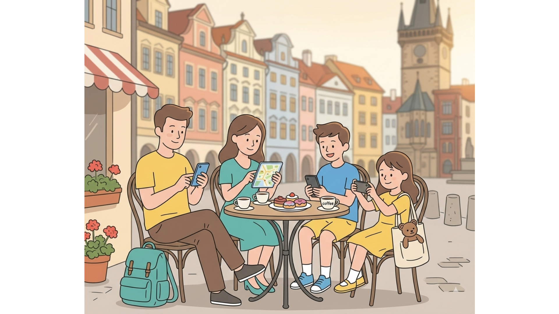 Family using smartphones with unlimited eSIM data plans while traveling internationally