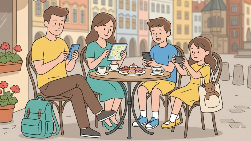 Family using smartphones with unlimited eSIM data plans while traveling internationally